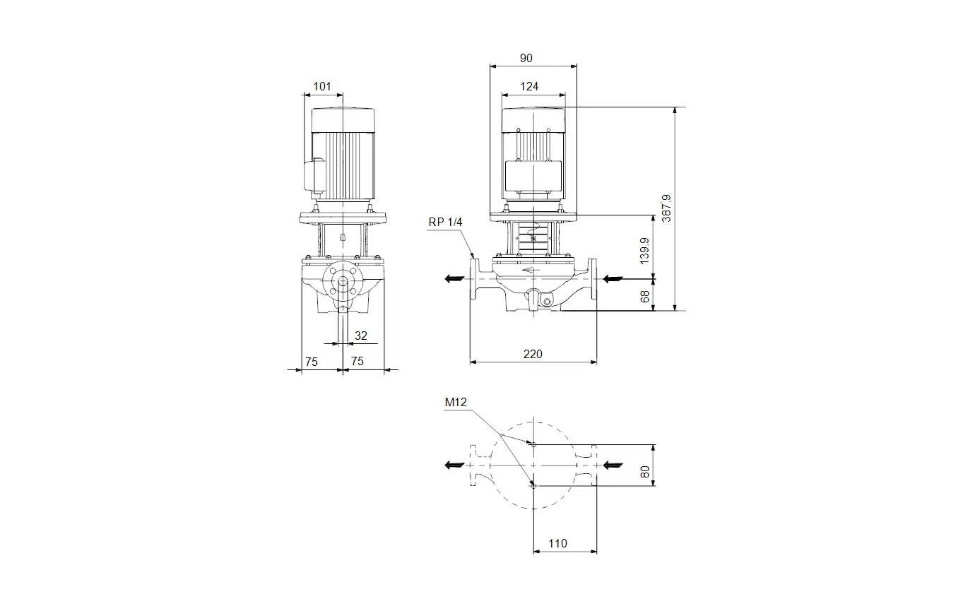 Einstufige Inlinepumpe von Grundfos mit Motor, sichtbarem Pumpengehäuse und verschiedenen Anschlussmaßen. Technische Details sind schematisch dargestellt.